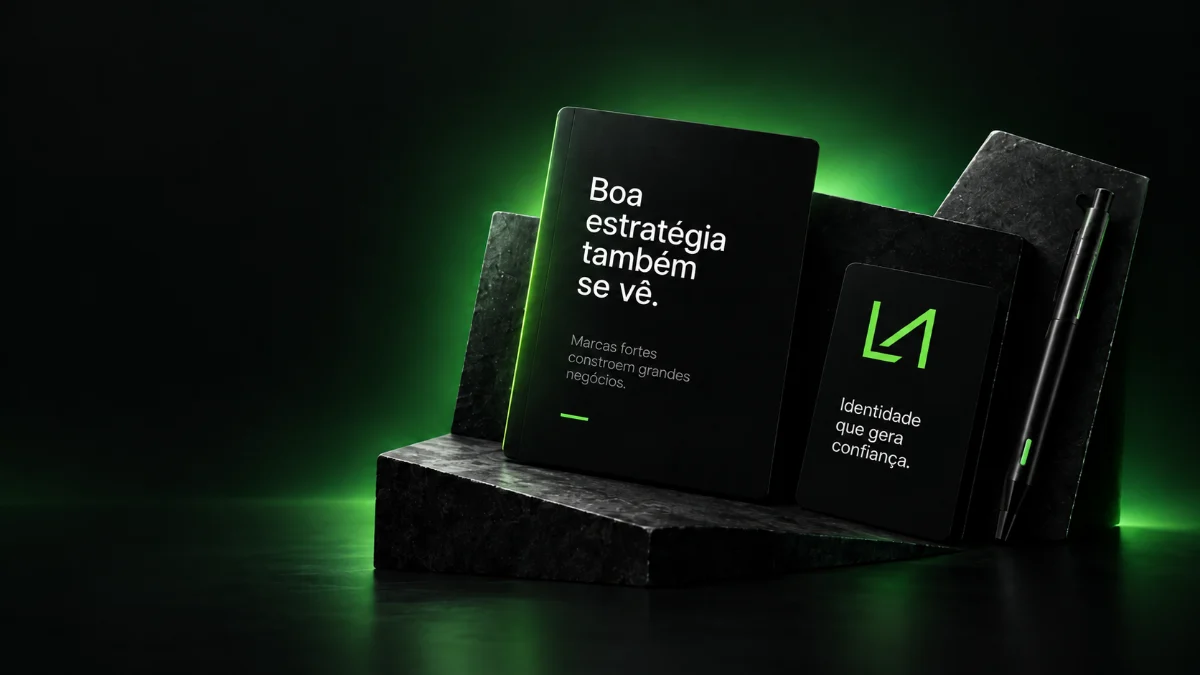 Identidade visual do Lucas Miranda: cadernos e cartões pretos com o logo em verde neon